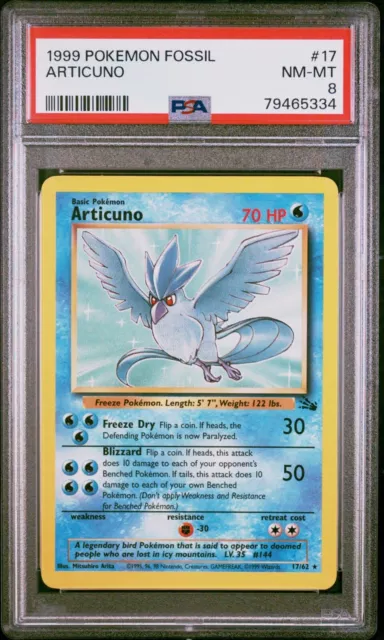 Articuno PSA 8 Pokemon Card. Fossil Set 17/62 Rare Non Holo NM-MINT 1999 WOTC