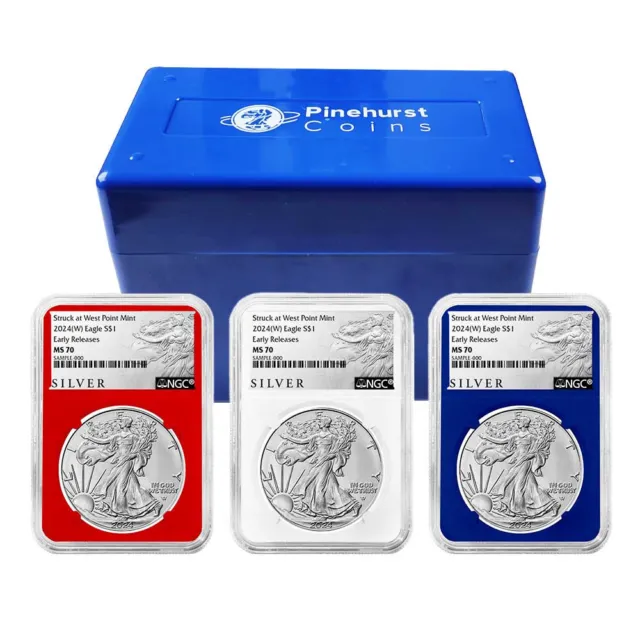 2024 (W) $1 American Silver Eagle 3pc Set NGC MS70 ER ALS Label Red White Blue