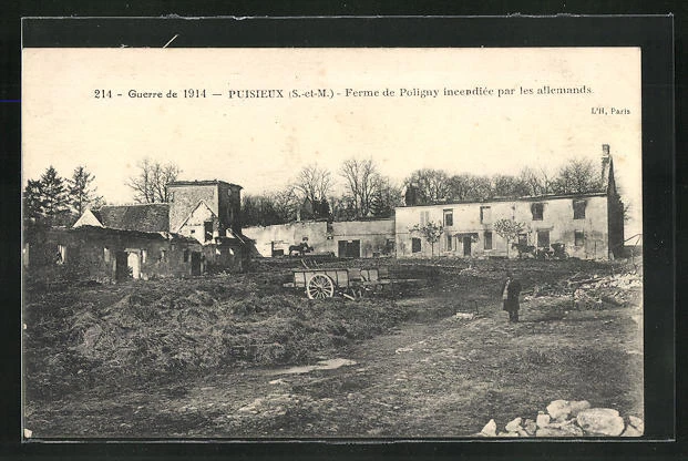 CPA Puisieux, Guerre de 1914 - Ferme de Poligny incendiée par les allemands