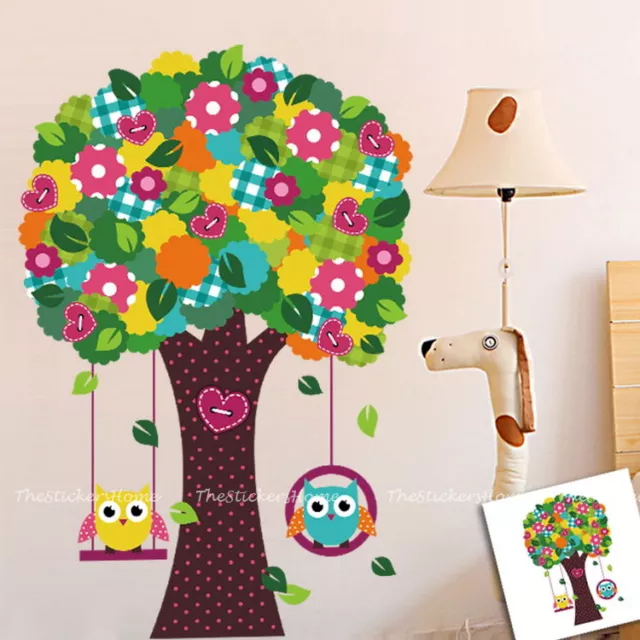 Bunte Blume Baum Eule Schaukel Wandaufkleber Kunst Aufkleber Kinderzimmer Baby Kinder Dekor 3