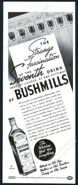1937 Bushmills Irish Whiskey bottle 7 shot glass art vintage print ad