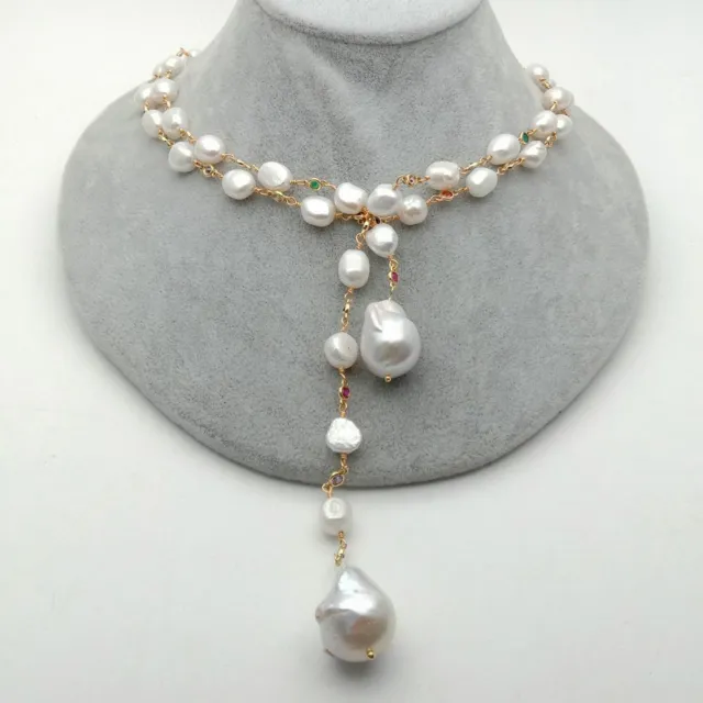 51'' Freshwater White Keshi Pearl Mixed Color Cz Pave Chain Long Necklace