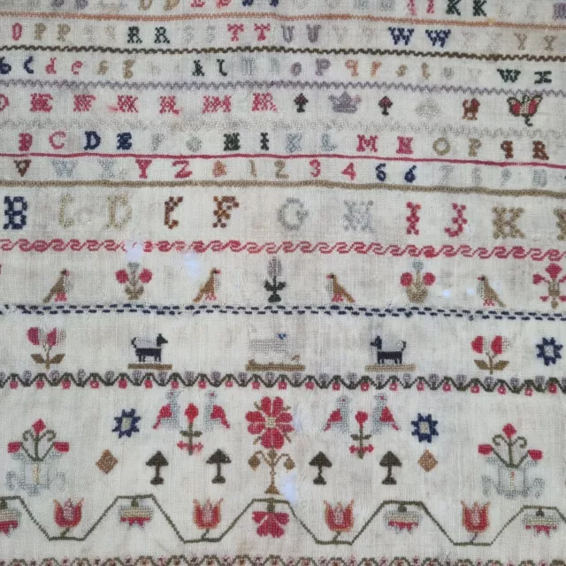 Antique George III Needlework Sampler By Jane Audling Dated 1810 Alphabet, Dogs 2