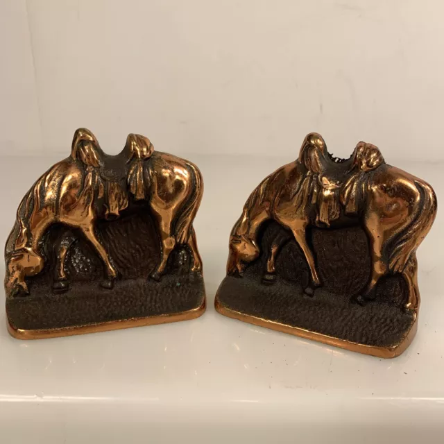 Vintage Cast Iron Bronze Finish Horse Bookends Pair Of Saddled Western Horses