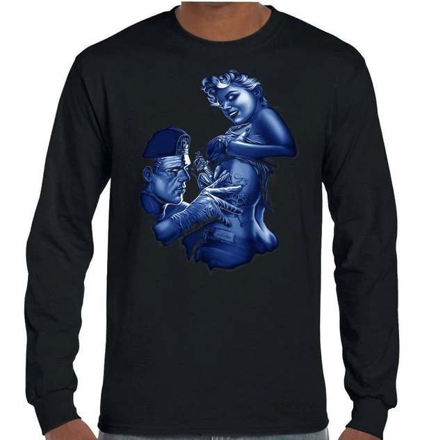 Frankenstein T-Shirt Marilyn Monroe Un Tatuaggio Tatooist Uomo Funny Biker Skull
