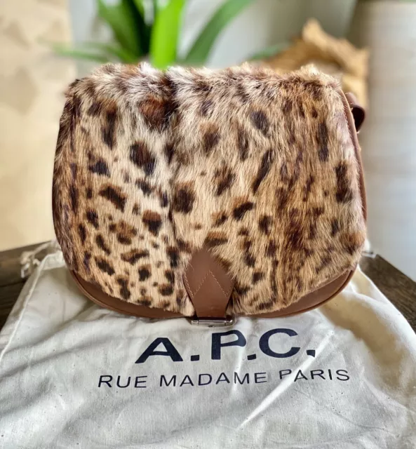 A.P.C. Messenger Shoulder Bag / Leopard Print Rabbit Fur / Brown Leather / APC 2