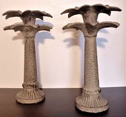 Gorgeous!! Vintage Cast Iron Palm Trees Candlestick Pair Heavy Metal Great Cond