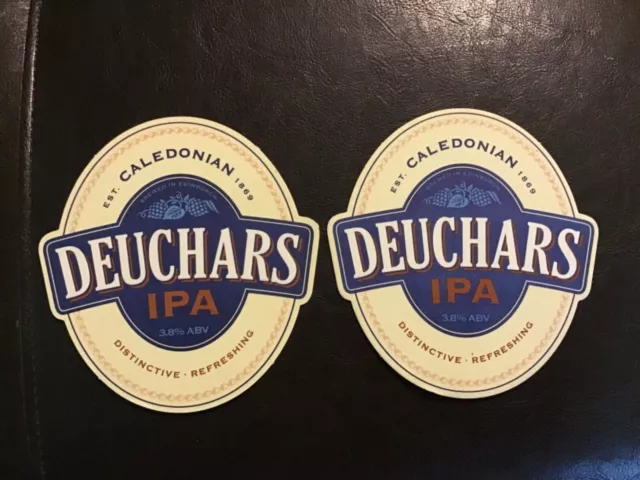 Two Deuchars IPA—Edinburgh Scotland, Beer Coaster, Oval Cardboard—Blue&White