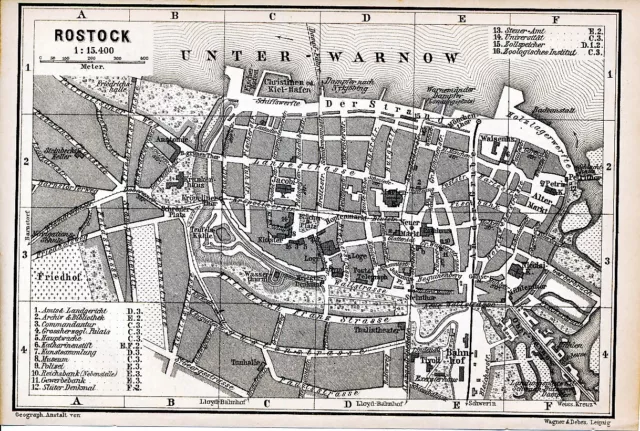 Rostock 1889 kl. orig. Stadtplan + Reisef. (3 S.) Unter-Warnow Petrikirche Logen
