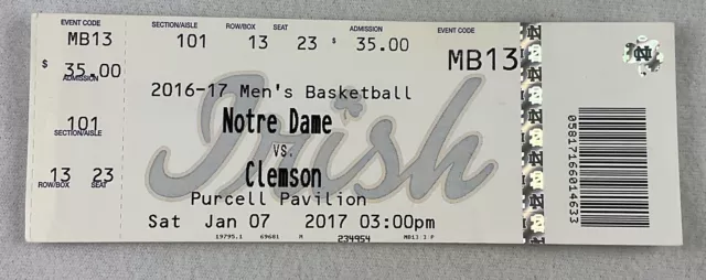 2017 01/17 Clemson Tigers at Notre Dame College Basketball Ticket
