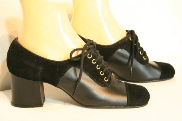 NOS Sz 6 N Vtg 70s Shoe FANTASY Oxford Chunky Block Hi Heel Black Suede Leather