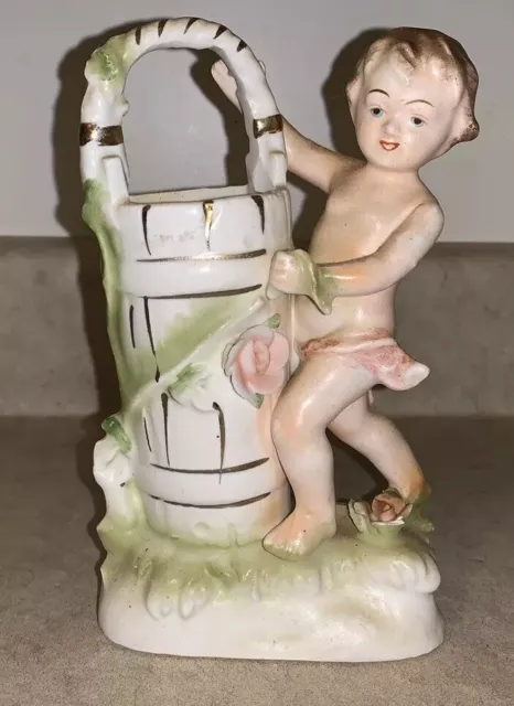 UCAGCO CHINA BISQUE CHERUB With Basket VASE, Planter Japan Vintage