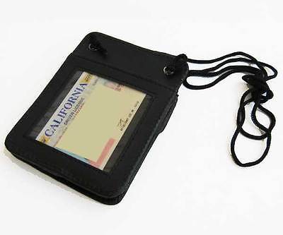 Black Leather ID Badge Card Holder Wallet Neck Strap Travel Work Lanyard 2