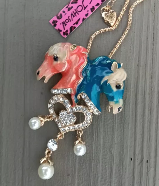 Betsey Johnson Colorful Enamel Horse Pendant Necklace/ Brooch w. Crystal Design