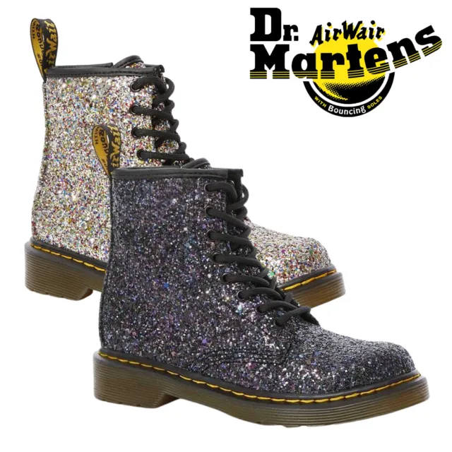 Dr Martens Boots Girls Womens Chunky Glitter Black Silver 10 - 5.5 Side Zip 1460