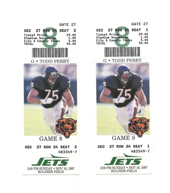 Chicago Bears vs New York Jets Unused Football Tickets From 11/16/1997