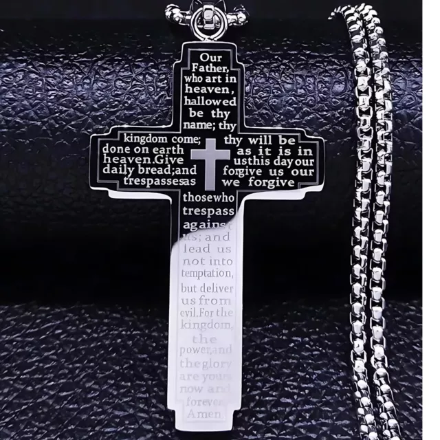 Mens Cross Necklace Stainless Steel Cross Pendant Lords Prayer Cross Men