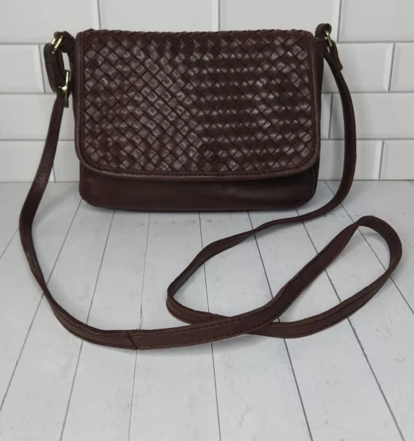 Vintage Margot Women's Brown Leather Crossbody Bag Woven Leather Flap