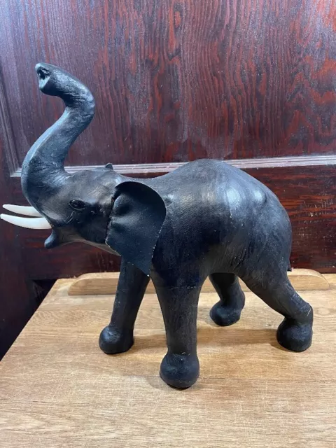 Black Leather Wrapped Elephant Trunk Up Elephant Plastic Tusks Glass Eyes