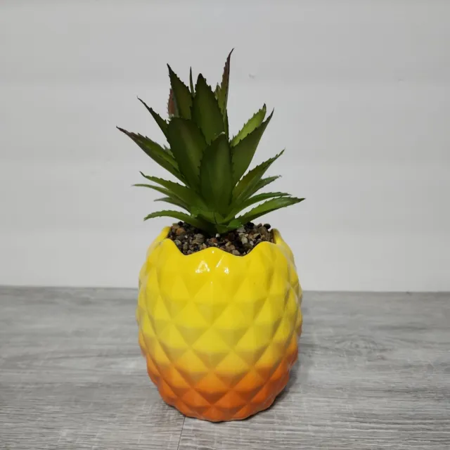 Garden Party Ceramic Pineapple w/ Faux Succulent Plant Decor 9" Yellow/Orange
