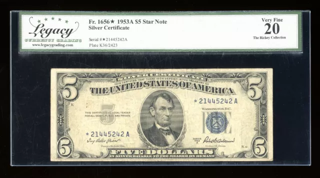 DBR 1953-A $5 Silver STAR Fr. 1656* Legacy VF-20 Serial *21445242A
