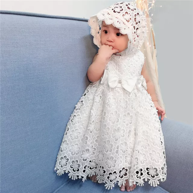 Lace Christening Baby Girls Gown Party Dress and Bonnet 6 12 18 24Months