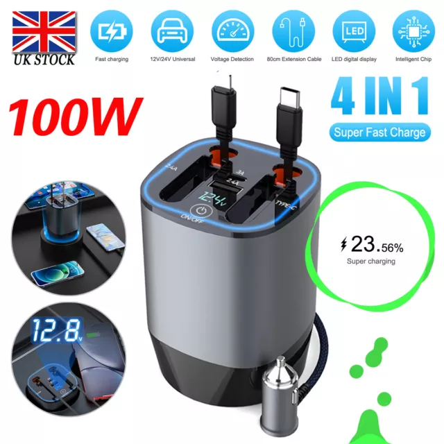 100W 4 in 1 Car Charger USB Type C Retractable Fast Charging For iPhone Samsung