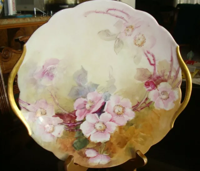 Antique Hand Painted Unmarked Limoges Cake Plate, Serving Tray, Wild Roses, 10"