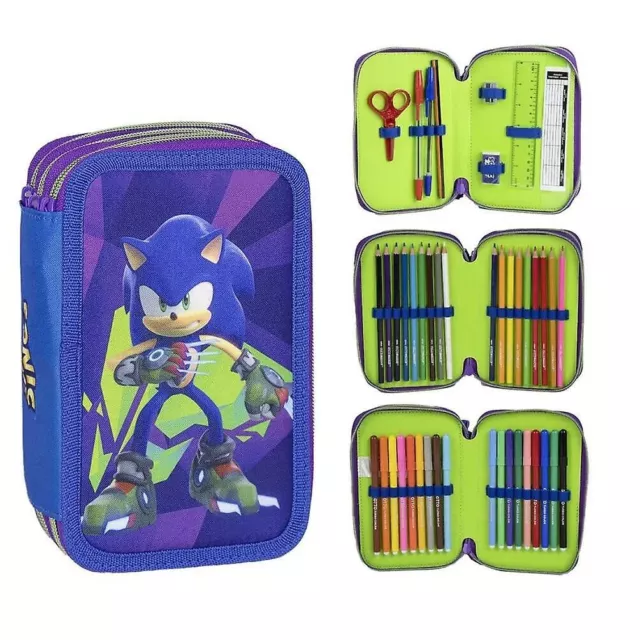 Sonic the Hedgehog 3 fach Mäppchen  Federmappe Federtasche (gefüllt) 44 teilig