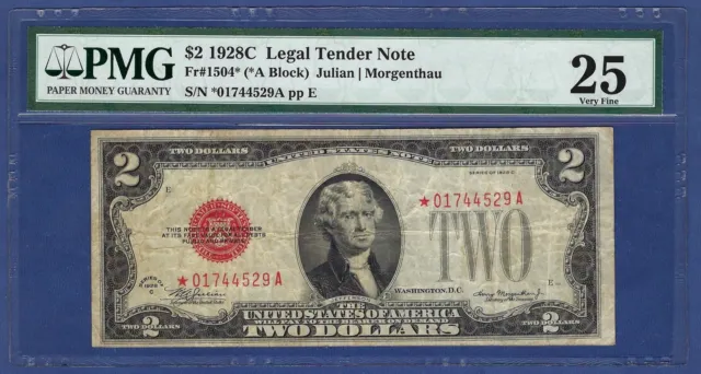 "Key" Note  1928C $2  Red-Seal  ♚Star♚  ♚Star♚ Pmg Vf 25 2