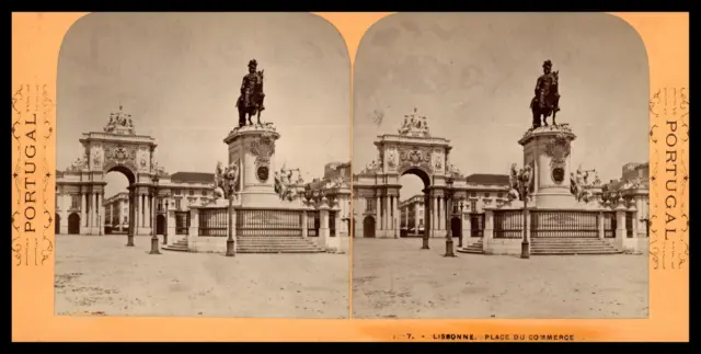 Portugal, Lisbonne, Place du Commerce, ca.1880, stéréo Tirage vintage stéréo, lé