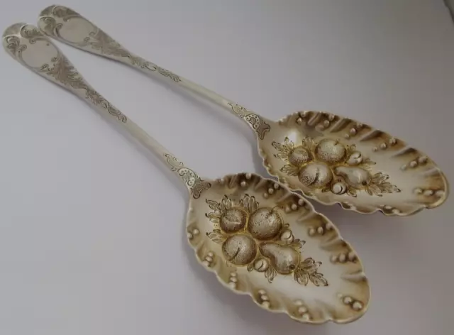 Lovely Heavy Pair Antique Georgian 1755 Solid Sterling Silver Berry Fruit Spoons