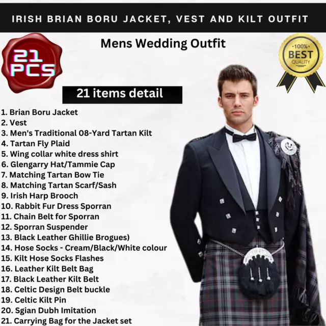 21 Pcs | Mens Prince Charlie Jacket- Mens Tartan Kilt Wedding Outfit- Mens kilt