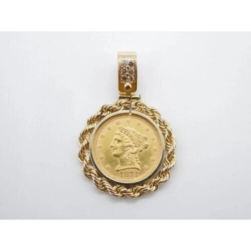 Liberty Head Quarter Eagle Coin With Rope Bezel Pendant 14k Yellow Gold Finish