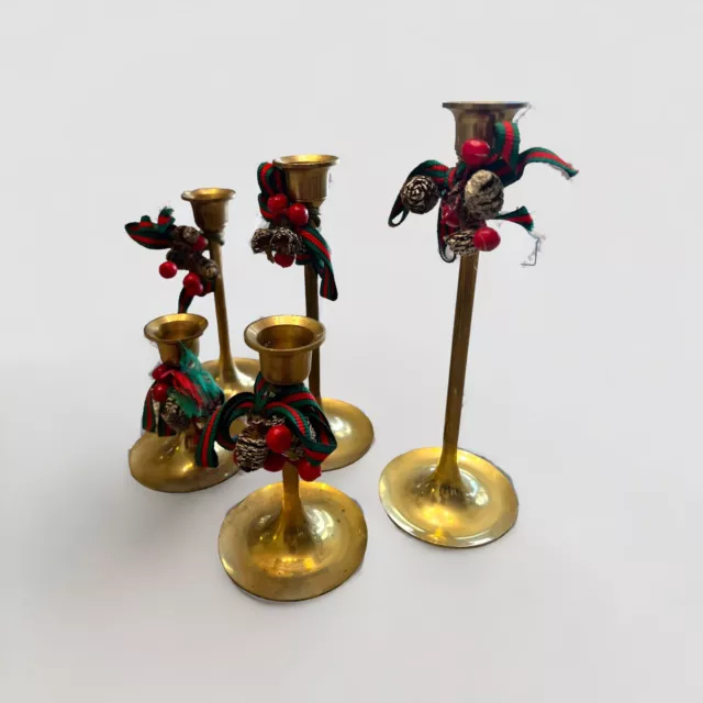 Vtg Mid-Century Graduated Brass Candle Sticks Christmas Taiwan Interpur Set 5