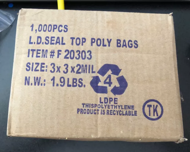 1 BOX 3"x 3" CLEAR 2 MIL ZIP SEAL BAGS POLY PLASTIC RESEALABLE LOCK 1000 BAGS