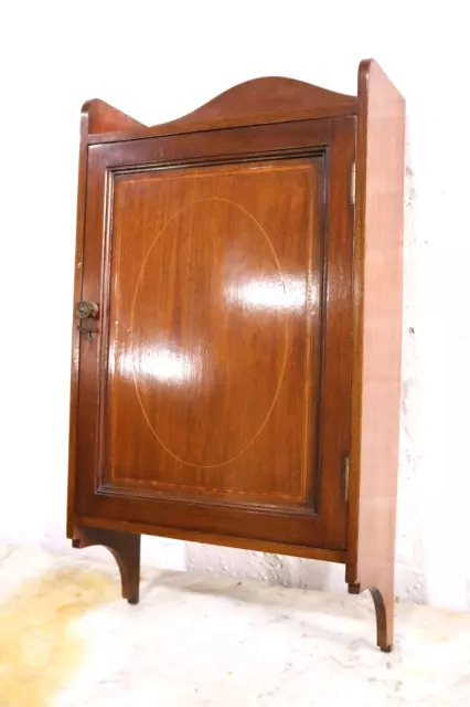 Antique inlaid mahogany wall cupboard / cabinet with key