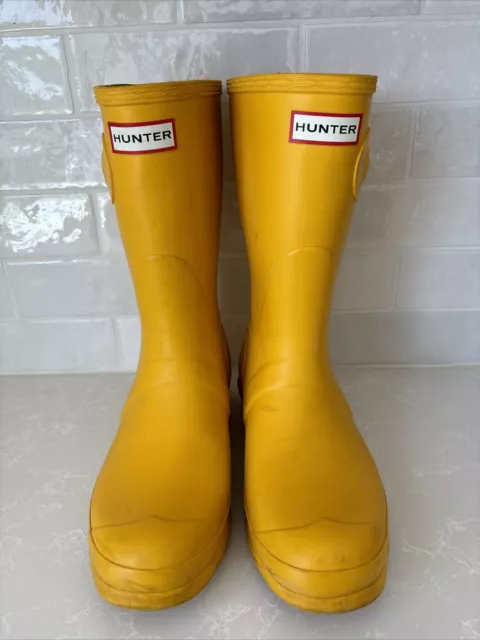 HUNTER WOMEN'S YELLOW RUBBER PULL ON MID CALF CLASSIC SHORT WATERPROOF BOOTS Sz9