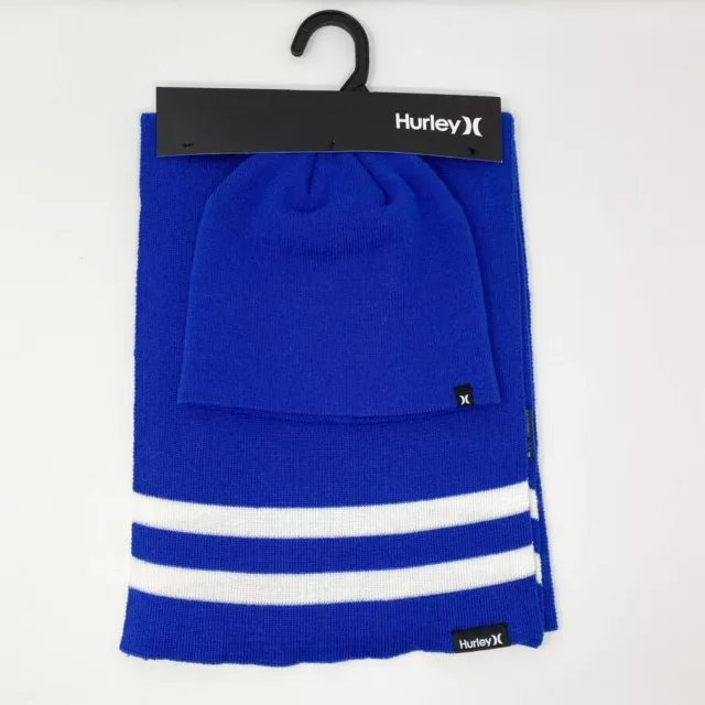 Hurley Men's New Yorker Beanie & Scarf 2 Piece Set Blue White Stripe NEW