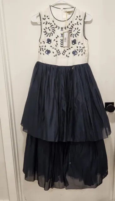 Elie Saab Navy And White Blue Silk Organza Embroidered Gown Sz 14 Nwt Was $1000