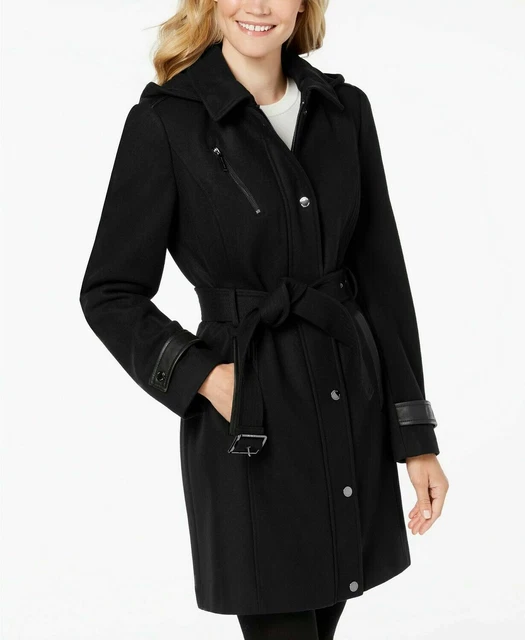Nwt Nuovo Michael Kors con Cintura Similpelle Bordo Lana Cappotto Cappuccio Nere