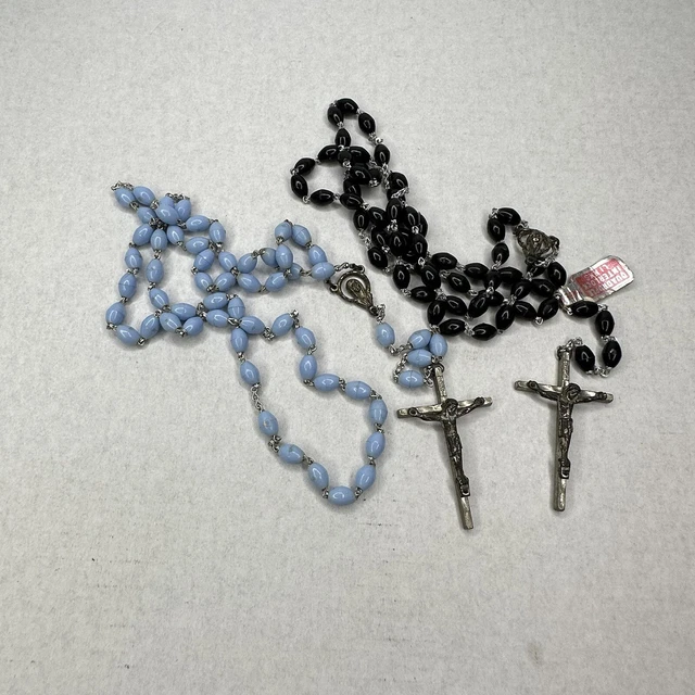 Rosary Made Itlay BLack Blue Beaded Silver Tone Links Mary Religious Catholic