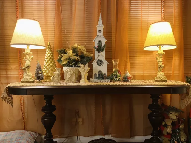 Vintage Shabby Chic Victorian 2pc Cherub Table Lamps Pair w/ Shades 23” Art Deco