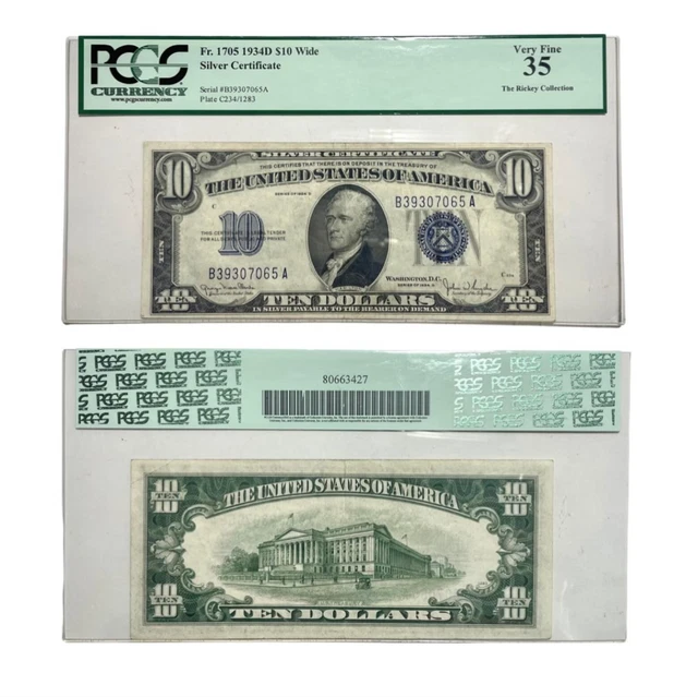 1934-D $10 "WIDE"  (BA BLOCK) Silver Certificate PCGS VERY FINE VF35 PPQ