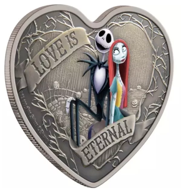 2021 Nightmare Before Christmas "LOVE IS ETERNAL" Heart Shaped  1oz Silver Coin
