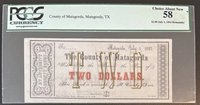 2 Dollars - County of Matagorda Texas - Obsolete Currency PCGS 58 Choice #59205