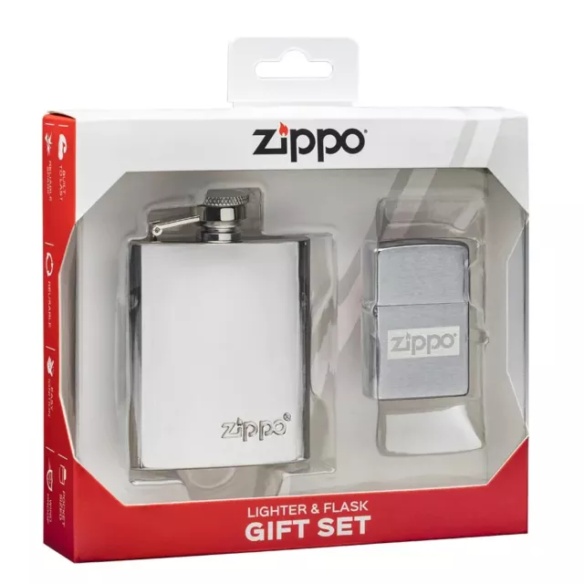 Zippo 49358, Flask and Brushed Chrome Lighter Gift Set, NEW