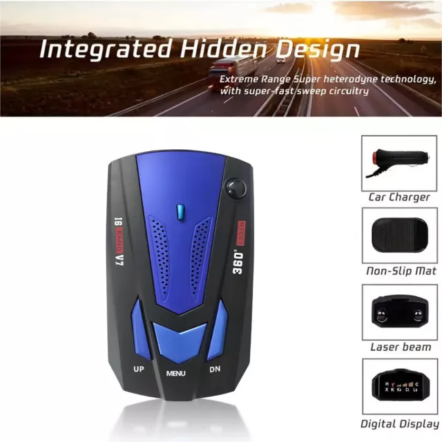 Blue Car Radar 16 Band V7 GPS Speed Police Safe Detector Voice Alert Laser 360°