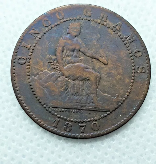 1870 Spain 5 Centimos Copper Coin - KM# 662 - Fine - # 24087