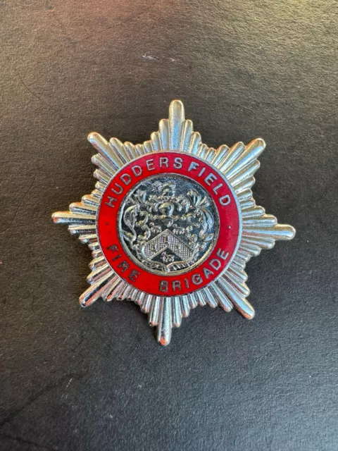 OBSOLETE Huddersfield Fire Brigade West Yorkshire Enamel Cap Hat Uniform Badge